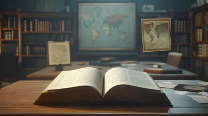 Poster - A school setting with a 3D open book on the desk and floating 2D historical icons like maps and timelines, representing history class, 4k resolution, ultra-realistic, uncluttered background