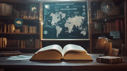 Poster - A school setting with a 3D open book on the desk and floating 2D historical icons like maps and timelines, representing history class, 4k resolution, ultra-realistic, uncluttered background