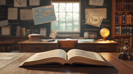 Poster - A school setting with a 3D open book on the desk and floating 2D historical icons like maps and timelines, representing history class, 4k resolution, ultra-realistic, uncluttered background