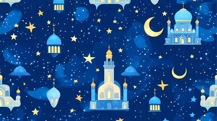 Poster - Vector flat design pattern with Ramadan elements, stars and crescent moon, lanterns and mosque for background or banner in blue color