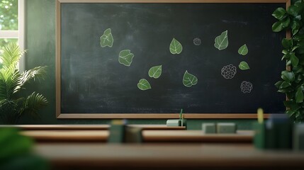 Poster - A 3D blackboard in a classroom with floating 2D icons for biology like leaves and cells, representing a biology class, 4k resolution, ultra-realistic, uncluttered background