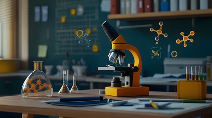 Poster - A school desk with a 3D microscope and 2D floating science icons like DNA and molecules, symbolizing a science experiment setting, 4k resolution, ultra-realistic, uncluttered background