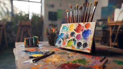 Poster - A 3D art palette on a desk with floating 2D icons of paintbrushes and color splashes, ideal for an art class environment, 4k resolution, ultra-realistic, uncluttered background