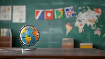 Poster - A 3D school desk with a world globe and 2D country flags floating nearby, symbolizing cultural studies, 4k resolution, ultra-realistic, uncluttered background