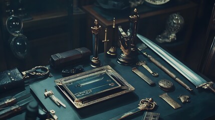 Poster - A desk with a 3D tablet and 2D floating history icons like ancient artifacts and swords, ideal for history learning, 4k resolution, ultra-realistic, uncluttered background