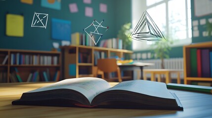Poster - A 3D math book on a school desk with floating 2D trigonometry symbols, symbolizing advanced math studies, 4k resolution, ultra-realistic, uncluttered background