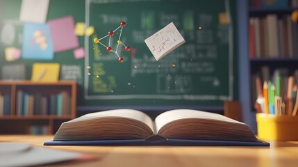 Poster - A 3D math book on a school desk with floating 2D trigonometry symbols, symbolizing advanced math studies, 4k resolution, ultra-realistic, uncluttered background