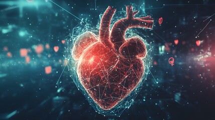 Poster - A 3D biology model of a human heart with floating 2D anatomy symbols, ideal for a biology class environment, 4k resolution, ultra-realistic, uncluttered background