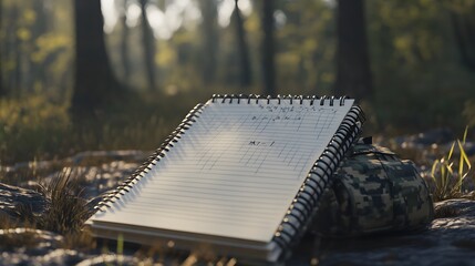Poster - A 3D field notebook with floating 2D icons of tactical notes and mission objectives, creating a mission briefing scene, 4k resolution, ultra-realistic, uncluttered background