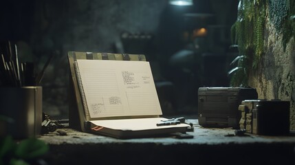 Poster - A 3D field notebook with floating 2D icons of tactical notes and mission objectives, creating a mission briefing scene, 4k resolution, ultra-realistic, uncluttered background