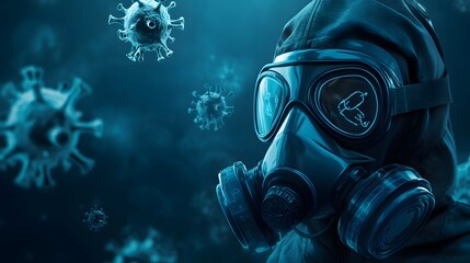 Poster - A 3D gas mask with floating 2D icons for air quality and contamination levels, representing chemical safety, 4k resolution, ultra-realistic, uncluttered background