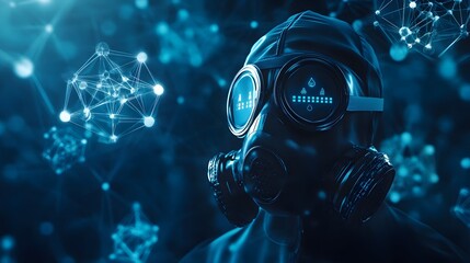 Poster - A 3D gas mask with floating 2D icons for air quality and contamination levels, representing chemical safety, 4k resolution, ultra-realistic, uncluttered background
