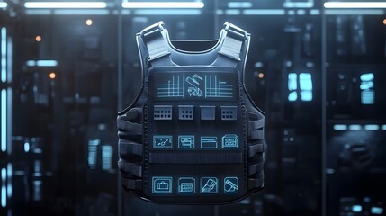 Poster - A 3D bulletproof vest with 2D protection level and durability icons, representing personal protective gear, 4k resolution, ultra-realistic, uncluttered background