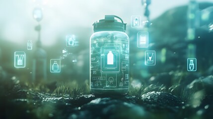Poster - A 3D canteen with floating 2D hydration and health icons, symbolizing field readiness and survival, 4k resolution, ultra-realistic, uncluttered background