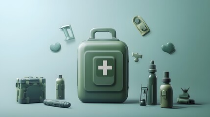 Poster - A 3D canteen with floating 2D hydration and health icons, symbolizing field readiness and survival, 4k resolution, ultra-realistic, uncluttered background