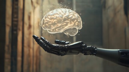 Poster - A 3D robot hand holding a 2D floating digital brain icon, symbolizing AI and human-robot collaboration, on an uncluttered background, 4k resolution, ultra-realistic