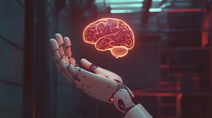 Poster - A 3D robot hand holding a 2D floating digital brain icon, symbolizing AI and human-robot collaboration, on an uncluttered background, 4k resolution, ultra-realistic