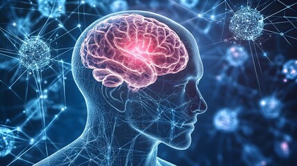 Poster - A 3D human head model with 2D holographic neural network patterns floating around it, representing innovation in neuroscience, 4k resolution, ultra-realistic, uncluttered background