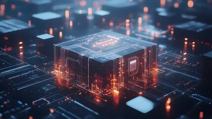 Poster - A 3D microchip with floating 2D icons of circuits and data paths around, symbolizing technological innovation, 4k resolution, ultra-realistic, uncluttered background