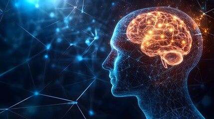 Poster - A 3D human head model with 2D holographic neural network patterns floating around it, representing innovation in neuroscience, 4k resolution, ultra-realistic, uncluttered background