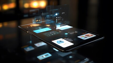 Poster - A 3D smartphone with floating 2D holograms of apps and futuristic UI elements, representing innovation in mobile technology, 4k resolution, ultra-realistic, uncluttered background