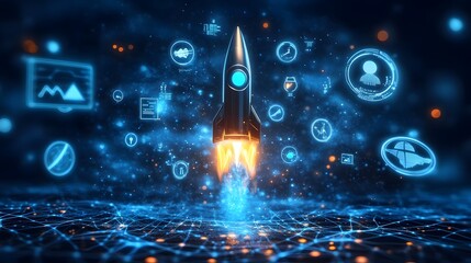 Poster - A 3D rocket with 2D icons for speed, growth, and forward movement floating above, symbolizing breakthrough ideas, 4k resolution, ultra-realistic, uncluttered background