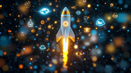 Poster - A 3D rocket with 2D icons for speed, growth, and forward movement floating above, symbolizing breakthrough ideas, 4k resolution, ultra-realistic, uncluttered background