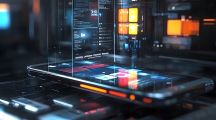 Poster - A 3D smartphone with floating 2D holograms of apps and futuristic UI elements, representing innovation in mobile technology, 4k resolution, ultra-realistic, uncluttered background