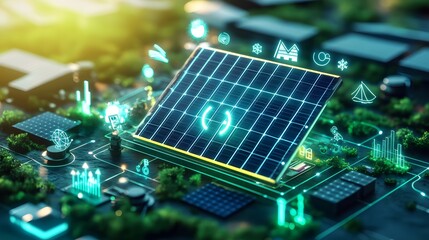 Poster - A 3D solar panel model with 2D icons for renewable energy and environmental sustainability, symbolizing green innovation, 4k resolution, ultra-realistic, uncluttered background