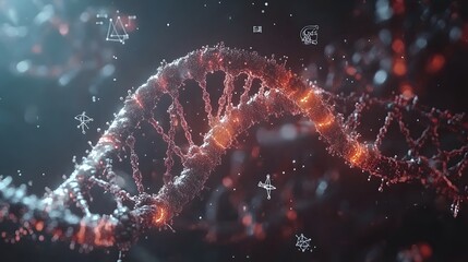 Poster - A 3D DNA strand with floating 2D icons of genetic research and innovation, symbolizing advances in biotechnology, 4k resolution, ultra-realistic, uncluttered background