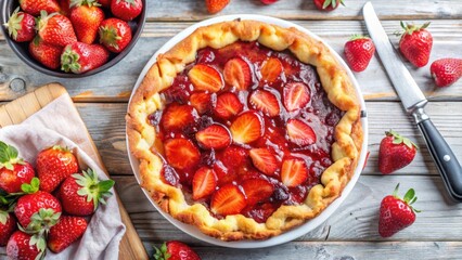 Aufkleber - A golden-brown crust filled with a vibrant red strawberry jam and topped with fresh strawberry slices, surrounded by scattered strawberries and a butter knife on a rustic wooden surface.