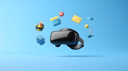 Poster - A 3D VR headset with floating 2D icons of immersive environments and virtual tools, representing the innovation of virtual reality, 4k resolution, ultra-realistic, uncluttered background