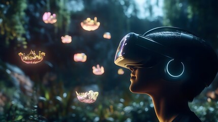 Poster - A 3D VR headset with floating 2D icons of immersive environments and virtual tools, representing the innovation of virtual reality, 4k resolution, ultra-realistic, uncluttered background