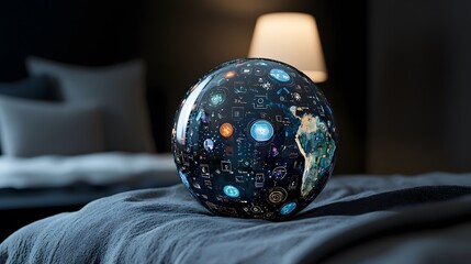 Poster - A 3D globe with floating 2D icons of connectivity and global networking, representing global tech innovation, 4k resolution, ultra-realistic, uncluttered background
