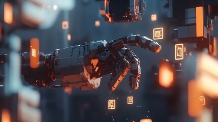Poster - A 3D robotic arm with 2D manufacturing and automation icons floating around it, symbolizing advancements in robotics, 4k resolution, ultra-realistic, uncluttered background