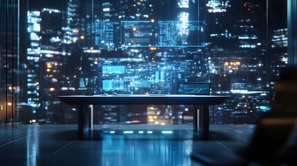 Poster - A 3D workspace with a futuristic holographic interface and 2D data visualization icons, representing innovation in user experience, 4k resolution, ultra-realistic, uncluttered background