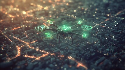 Poster - A 3D drone model with 2D mapping and GPS icons floating around, symbolizing innovations in aerial technology, 4k resolution, ultra-realistic, uncluttered background
