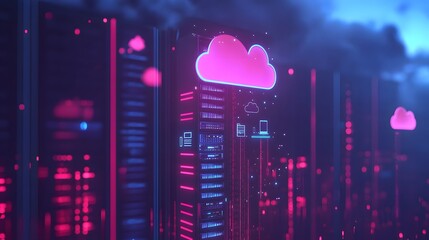 Poster - A 3D data server with floating 2D cloud and cybersecurity icons, representing innovation in data security, 4k resolution, ultra-realistic, uncluttered background