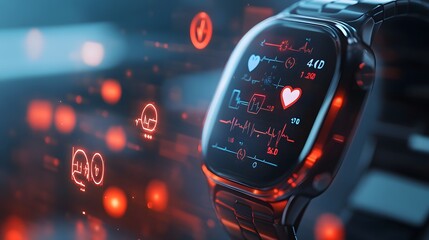 Poster - A 3D wearable smartwatch with floating 2D health and fitness icons, symbolizing innovation in wearable technology, 4k resolution, ultra-realistic, uncluttered background
