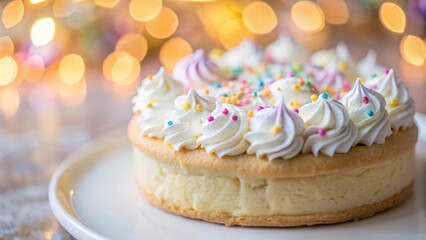 Poster - A close-up of a delicious, frosted pastry with sprinkles on top, set against a soft, blurred backdrop of warm, golden lights.