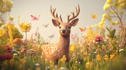 Poster - A 3D deer with floating 2D icons of flora and fauna, representing the biodiversity of a forest, 4k resolution, ultra-realistic, uncluttered background
