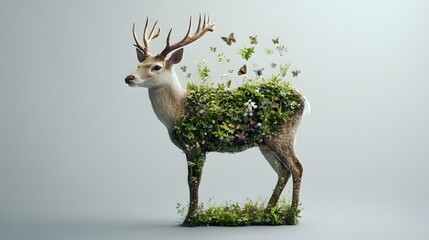 Poster - A 3D deer with floating 2D icons of flora and fauna, representing the biodiversity of a forest, 4k resolution, ultra-realistic, uncluttered background