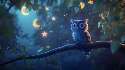 Poster - A 3D owl perched on a tree branch with floating 2D moon and star icons, symbolizing the nocturnal life of the forest, 4k resolution, ultra-realistic, uncluttered background