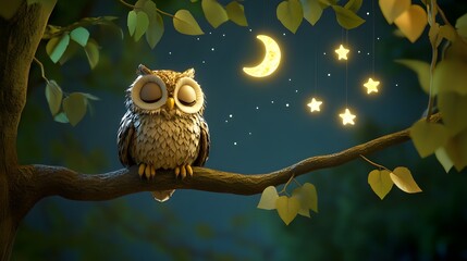 Poster - A 3D owl perched on a tree branch with floating 2D moon and star icons, symbolizing the nocturnal life of the forest, 4k resolution, ultra-realistic, uncluttered background