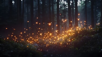 Poster - A 3D forest clearing with floating 2D firefly and light beam icons, creating an ethereal night scene, 4k resolution, ultra-realistic, uncluttered background