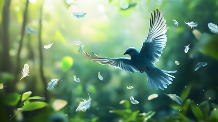 Poster - A 3D bird in flight over a dense forest with floating 2D feather and wind icons, symbolizing freedom and the natural environment, 4k resolution, ultra-realistic, uncluttered background