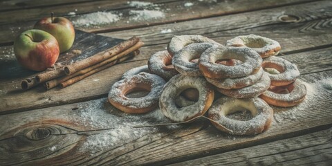 Poster - A stack of freshly baked, powdered sugar donuts on a rustic wooden table with apples and cinnamon sticks nearby