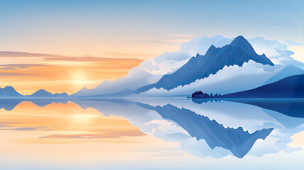 Wall Mural - A serene mountain lake reflecting the sunset.