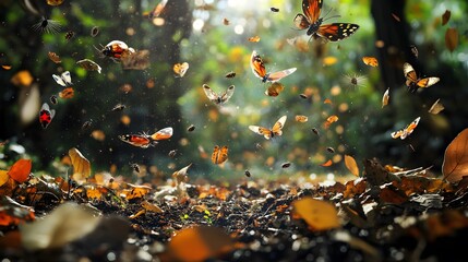 Poster - A 3D forest floor with scattered leaves and floating 2D insect and microbe icons, highlighting decomposition and soil health, 4k resolution, ultra-realistic, uncluttered background