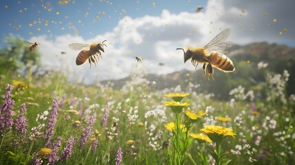 Poster - A 3D wildflower meadow with floating 2D bee and pollen icons, representing the role of insects in the ecosystem, 4k resolution, ultra-realistic, uncluttered background